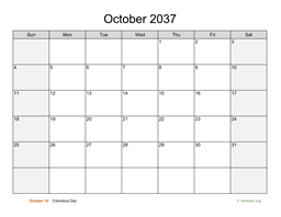 October 2037 Calendar with Weekend Shaded