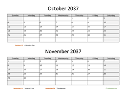 october and november 2037 calendar