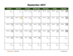 September 2037 Calendar with Day Numbers