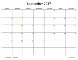 September 2037 Calendar with Bigger boxes