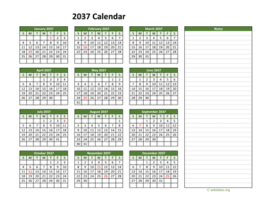 Yearly Printable 2037 Calendar with Notes
