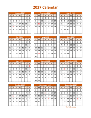 Full Year 2037 Calendar on one page