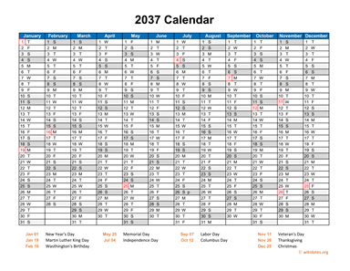 2037 Calendar Horizontal, One Page