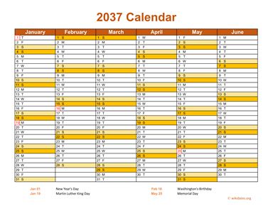 2037 Calendar on 2 Pages, Landscape Orientation