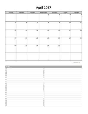 April 2037 Calendar with To-Do List