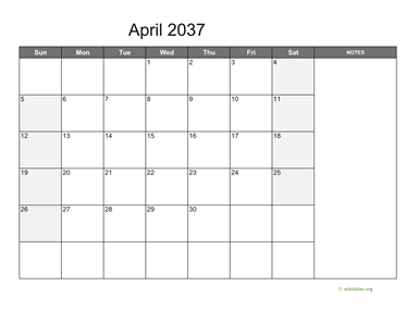 April 2037 Calendar with Notes