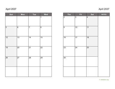 April 2037 Calendar on two pages