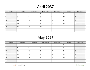 April and May 2037 Calendar Horizontal