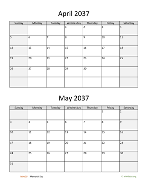 April and May 2037 Calendar Vertical