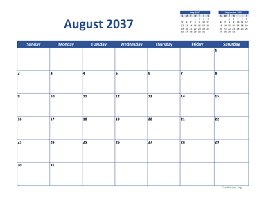 August 2037 Calendar Classic