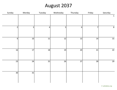 August 2037 Calendar with Bigger boxes
