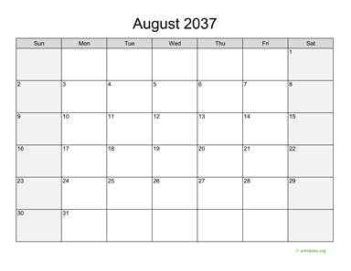 August 2037 Calendar with Weekend Shaded