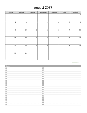 August 2037 Calendar with To-Do List