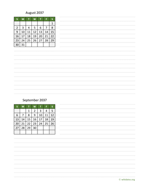 August and September 2037 Calendar with Notes