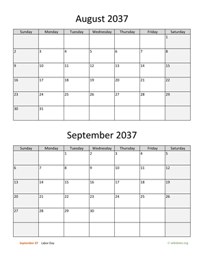 August and September 2037 Calendar Vertical