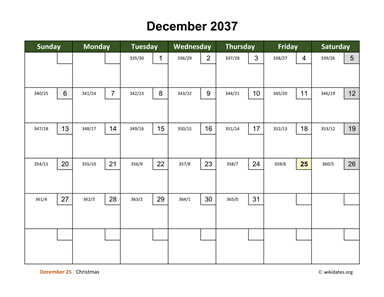 December 2037 Calendar with Day Numbers