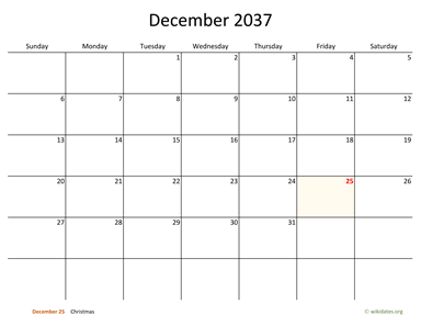 December 2037 Calendar with Bigger boxes