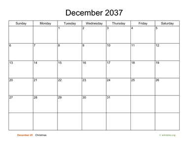Basic Calendar for December 2037