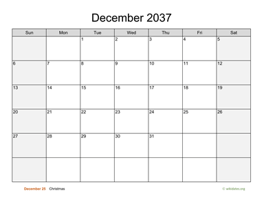 December 2037 Calendar with Weekend Shaded