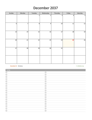 December 2037 Calendar with To-Do List