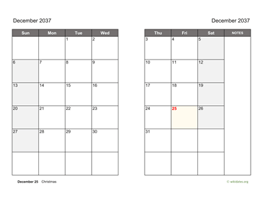 December 2037 Calendar on two pages