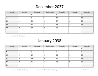 December 2037 and January 2038 Calendar Horizontal