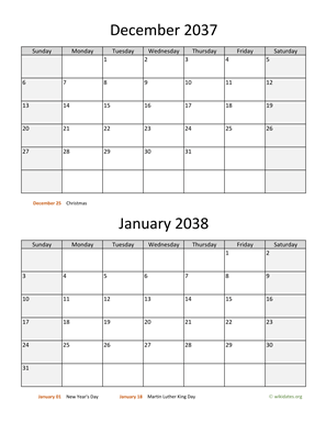 December 2037 and January 2038 Calendar Vertical