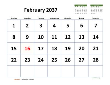 February 2037 Calendar with Extra-large Dates