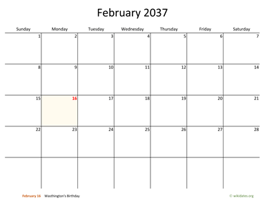 February 2037 Calendar with Bigger boxes