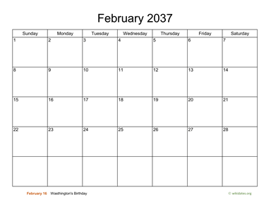 Basic Calendar for February 2037