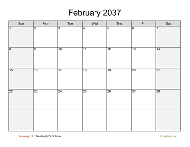 February 2037 Calendar with Weekend Shaded
