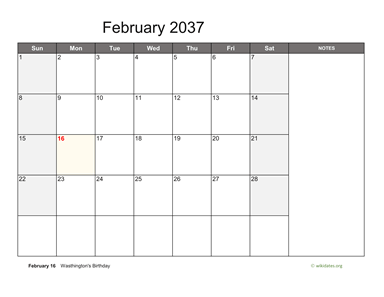 February 2037 Calendar with Notes