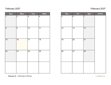 February 2037 Calendar on two pages