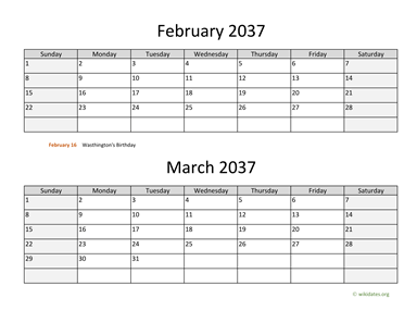 February and March 2037 Calendar Horizontal