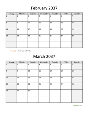 February and March 2037 Calendar Vertical