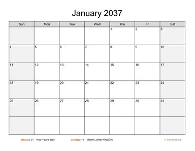 January 2037 Calendar with Weekend Shaded