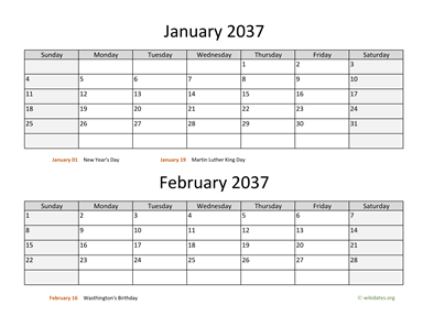 January and February 2037 Calendar Horizontal