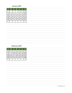 January and February 2037 Calendar with Notes