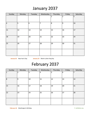 January and February 2037 Calendar Vertical