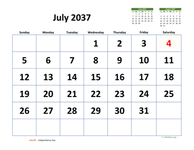 July 2037 Calendar with Extra-large Dates