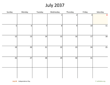 July 2037 Calendar with Bigger boxes