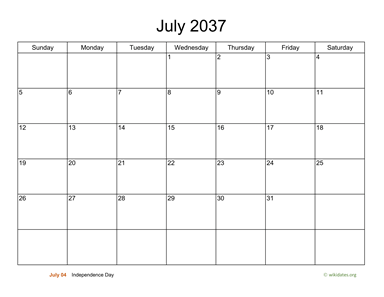 Basic Calendar for July 2037