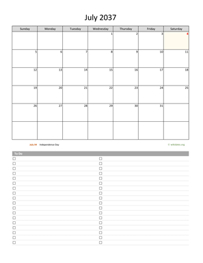 July 2037 Calendar with To-Do List