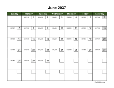 June 2037 Calendar with Day Numbers