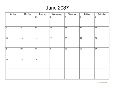 Basic Calendar for June 2037