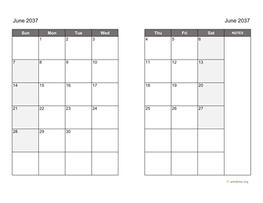 June 2037 Calendar on two pages