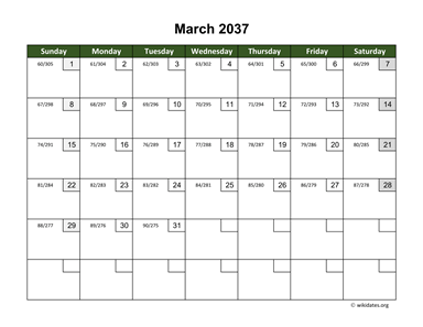 March 2037 Calendar with Day Numbers