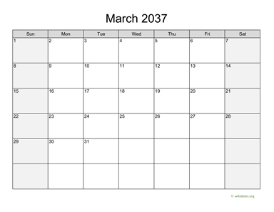 March 2037 Calendar with Weekend Shaded