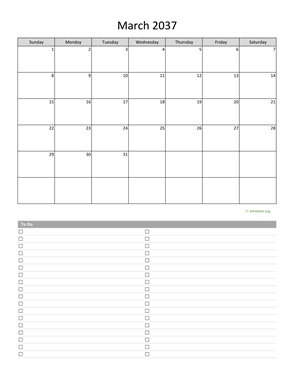 March 2037 Calendar with To-Do List