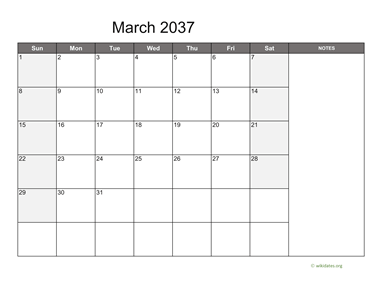 March 2037 Calendar with Notes